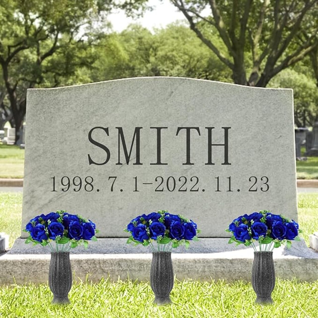 Blue Cemetery Flowers for Grave Vases - 2 Pack Artificial Silk Rose Bouquets | Outdoor Memorial Floral Arrangements for Gravesites & Tombstone Decor